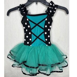 Curtain Call Costumes Teal Black Polka Dot Tutu Dance Leotard Dress CXS E772